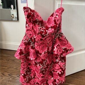 Zara NWT jeweled jacquard floral corset bustier mini dress white red and pink.